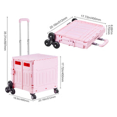 Foldable Utility Cart, 65L Collapsible Portable Crate Rolling Cart with Stair Climbing Wheels & 360° Swivel Wheels, Hand Cart with Telescoping Handle for Shopping Office Moving Teacher, Pink