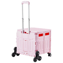 Foldable Utility Cart, 65L Collapsible Portable Crate Rolling Cart with Stair Climbing Wheels & 360° Swivel Wheels, Hand Cart with Telescoping Handle for Shopping Office Moving Teacher, Pink