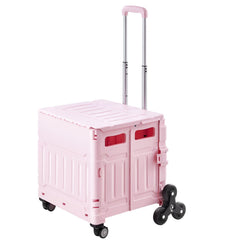 Foldable Utility Cart, 65L Collapsible Portable Crate Rolling Cart with Stair Climbing Wheels & 360° Swivel Wheels, Hand Cart with Telescoping Handle for Shopping Office Moving Teacher, Pink