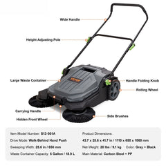 Walk-behind Hand Push Floor Sweeper 25.6" Width 5 Gallon Waste Container