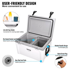 Insulated Portable Cooler, 49 L, Holds 50 Cans, Ice Retention Hard Cooler with Heavy Duty Handle, Ice Chest Lunch Box for Camping, Beach, Picnic, Travel, Outdoor, Keeps Ice for up to 6 Days