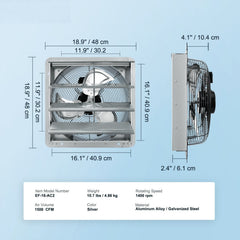 Shutter Exhaust Fan, 406 mm High-speed 1400RPM 1506 CFM, Aluminum Wall Mount Attic Fan with AC-motor, Ventilation and Cooling for Greenhouses, Garages, Sheds, Shops