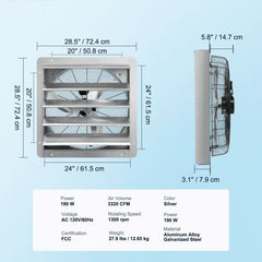 Shutter Exhaust Fan, 610 mm High-speed 1400RPM 2892 CFM, Aluminum Wall Mount Attic Fan with AC-motor, Ventilation and Cooling for Greenhouses, Garages, Sheds, Shops