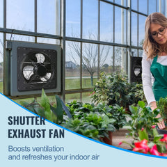 Shutter Exhaust Fan, 254mm / 10inch with Temperature Humidity Controller, EC-motor, 843 CFM, Variable Speed Adjustable Wall Mount Attic Fan, Ventilation and Cooling for Greenhouses, Garages, Sheds