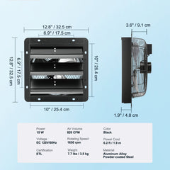 Shutter Exhaust Fan, 254mm / 10inch with Temperature Humidity Controller, EC-motor, 843 CFM, Variable Speed Adjustable Wall Mount Attic Fan, Ventilation and Cooling for Greenhouses, Garages, Sheds