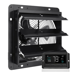 Shutter Exhaust Fan, 254mm / 10inch with Temperature Humidity Controller, EC-motor, 843 CFM, Variable Speed Adjustable Wall Mount Attic Fan, Ventilation and Cooling for Greenhouses, Garages, Sheds
