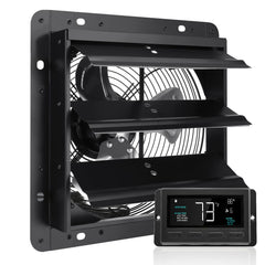 Shutter Exhaust Fan, 254mm / 10inch with Temperature Humidity Controller, EC-motor, 843 CFM, Variable Speed Adjustable Wall Mount Attic Fan, Ventilation and Cooling for Greenhouses, Garages, Sheds