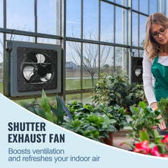 Shutter Exhaust Fan, 254mm / 10inch with Temperature Humidity Controller, EC-motor, 843 CFM, Variable Speed Adjustable Wall Mount Attic Fan, Ventilation and Cooling for Greenhouses, Garages, Sheds