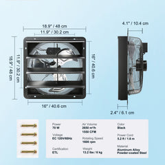 Shutter Exhaust Fan, 406 mm /16inch with Temperature Humidity Controller, EC-motor, 1747 CFM, Variable Speed Adjustable Wall Mount Attic Fan, Ventilation and Cooling for Greenhouses, Garages, Sheds