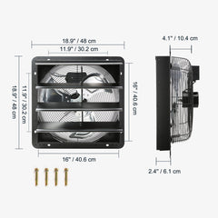 Shutter Exhaust Fan, 406 mm /16inch with Temperature Humidity Controller, EC-motor, 1747 CFM, Variable Speed Adjustable Wall Mount Attic Fan, Ventilation and Cooling for Greenhouses, Garages, Sheds