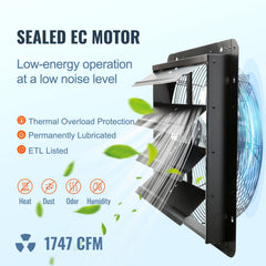 Shutter Exhaust Fan, 406 mm /16inch with Temperature Humidity Controller, EC-motor, 1747 CFM, Variable Speed Adjustable Wall Mount Attic Fan, Ventilation and Cooling for Greenhouses, Garages, Sheds