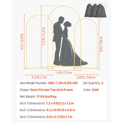 Arch Backdrop Stand, Set of 3, 2.2/2/1.8 m , Stable Structure, Easy Assembly, Gold Metal Arch Backdrop Stand for Wedding, Birthday Party, Graduation, Holiday Celebration, and Ceremony Decoration