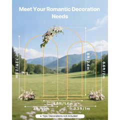 Arch Backdrop Stand, Set of 3, 2.4/2.2/2 m, Stable Structure, Easy Assembly, Gold Metal Arch Backdrop Stand for Wedding, Birthday Party, Graduation, Holiday Celebration, and Ceremony Decoration