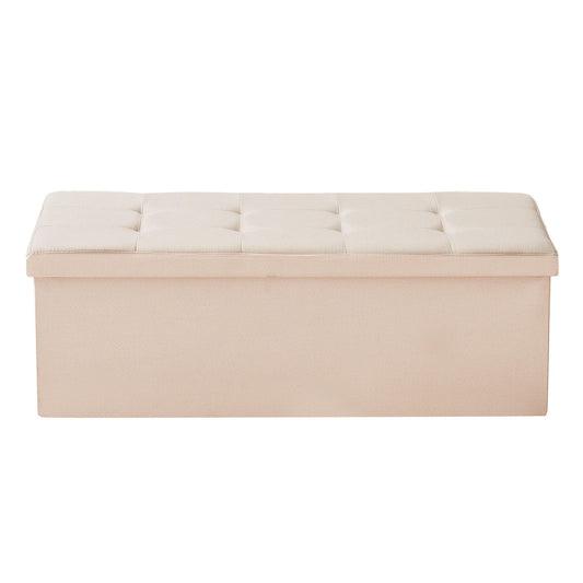Foldable Storage Ottoman Bench, End of Bed Bench with Side Bags, Folding Upholstered Storage Chest Supports 660 lbs, Linen Bed Ottoman with Large Space for Living Room, Bedroom, Entryway, Beige