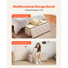 Foldable Storage Ottoman Bench, End of Bed Bench with Side Bags, Folding Upholstered Storage Chest Supports 660 lbs, Linen Bed Ottoman with Large Space for Living Room, Bedroom, Entryway, Beige