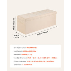 Foldable Storage Ottoman Bench, End of Bed Bench with Side Bags, Folding Upholstered Storage Chest Supports 660 lbs, Linen Bed Ottoman with Large Space for Living Room, Bedroom, Entryway, Beige