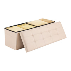 Foldable Storage Ottoman Bench, End of Bed Bench with Side Bags, Folding Upholstered Storage Chest Supports 660 lbs, Linen Bed Ottoman with Large Space for Living Room, Bedroom, Entryway, Beige