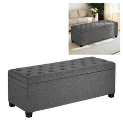 Storage Ottoman Bench, Button-Tufted End of Bed Bench with Side Bags, Flip-up Upholstered Storage Chest with Metal Frame, Linen Bed Ottoman for Living Room, Bedroom, Entryway, Office, Grey