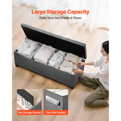 Storage Ottoman Bench, Button-Tufted End of Bed Bench with Side Bags, Flip-up Upholstered Storage Chest with Metal Frame, Linen Bed Ottoman for Living Room, Bedroom, Entryway, Office, Grey
