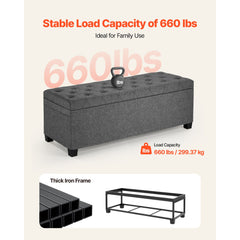 Storage Ottoman Bench, Button-Tufted End of Bed Bench with Side Bags, Flip-up Upholstered Storage Chest with Metal Frame, Linen Bed Ottoman for Living Room, Bedroom, Entryway, Office, Grey