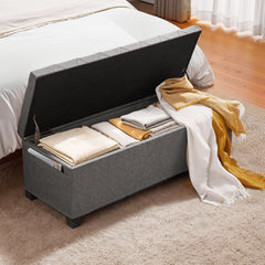 Storage Ottoman Bench, Button-Tufted End of Bed Bench with Side Bags, Flip-up Upholstered Storage Chest with Metal Frame, Linen Bed Ottoman for Living Room, Bedroom, Entryway, Office, Grey