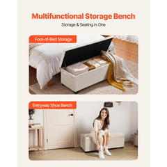 Storage Ottoman Bench, Button-Tufted End of Bed Bench with Side Bags, Flip-up Upholstered Storage Chest with Metal Frame, Linen Bed Ottoman for Living Room, Bedroom, Entryway, Office, Beige