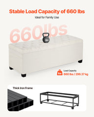 Storage Ottoman Bench, Button-Tufted End of Bed Bench with Side Bags, Flip-up Upholstered Storage Chest with Metal Frame, Linen Bed Ottoman for Living Room, Bedroom, Entryway, Office, Beige