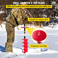VEVOR Ice Drill Auger, 8\" Diameter Nylon Ice Auger, 39\" Length Ice Auger Bit,Auger Drill with 11.8\" Extension Rod,Auger Bit with Drill Adapter,Top Plate & Blade Guard for Ice Fishing Ice Burrowing