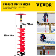 VEVOR Ice Drill Auger, 8\" Diameter Nylon Ice Auger, 39\" Length Ice Auger Bit,Auger Drill with 11.8\" Extension Rod,Auger Bit with Drill Adapter,Top Plate & Blade Guard for Ice Fishing Ice Burrowing