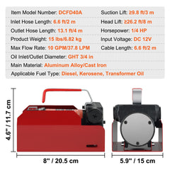 Fuel Transfer Pump, 12V DC, 10 GPM, 8 m Lift, Portable Electric Diesel Transfer Extractor Pump Kit with Automatic Shut-off Nozzle, Delivery & Suction Hose for Diesel, Kerosene, Transformer Oil
