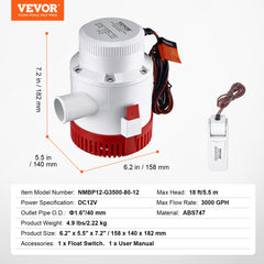 Bilge Pump, 3000GPH Automatic Submersible Boat Bilge Water Pump with Float Switch, 40 mm Outlet Diameter, Small Boat Bilge Pump, Marine Electric Bilge Pump for Boats, Ponds, Pools, Basements