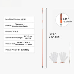 Driveway Markers, 30 PCS 121.5cm, 0.78cm Diameter, Orange Fiberglass Poles Snow Stakes with Reflective Tape, 30cm Steel Drill Bit & Protection Gloves for Parking Lots, Walkways Easy Visibility