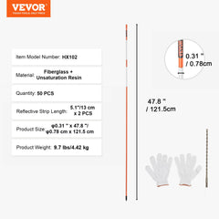 Driveway Markers, 50 PCS 121.5 cm, 0.78 cm Diameter Orange Fiberglass Poles Snow Stakes with Reflective Tape, 30 cm Steel Drill Bit & Protection Gloves for Parking Lots, Walkways Easy Visibility