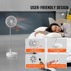 12 Inch Foldable Oscillating Standing Fan with Remote Control, 4 Speed Adjustable Portable Desk Quiet Fan, 7200mah Rechargeable USB Small Fan, Folded Rotating Floor Fan for Bedroom Office Travel