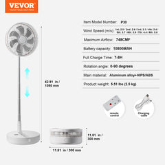 12 Inch Foldable Oscillating Standing Fan with Remote Control, 4 Speed Adjustable Portable Desk Quiet Fan, 7200mah Rechargeable USB Small Fan, Folded Rotating Floor Fan for Bedroom Office Travel