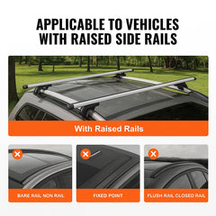 Roof Rack Cross Bars, Aluminum Roof Rack Crossbars, Fit Raised Side Rail with Gap, 90 kg Load Capacity, Adjustable Crossbars with Locks, for SUVs, Sedans, and Vans