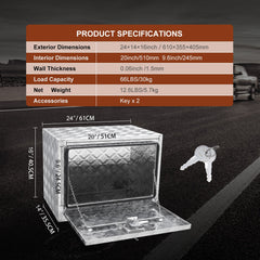 Underbody Truck Box, 24"×14"×16" Pickup Storage Box, Heavy Duty Aluminum Diamond Plate Tool Box with Lock and Keys, Waterproof Trailer Storage Box with T-Handle Latch for Truck, Van, Trailer