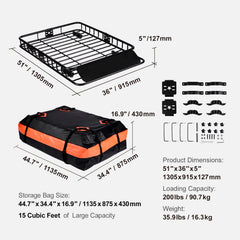 Roof Rack Cargo Basket 200 LBS 51"x36"x5" for SUV Truck with Luggage Bag