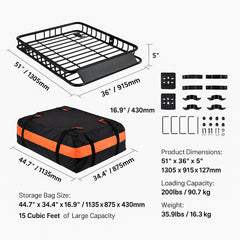 Roof Rack Cargo Basket 200 LBS 51"x36"x5" for SUV Truck with Luggage Bag