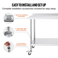 24 x 60 x 40 Inch Stainless Steel Work Table, Commercial Food Prep Worktable with Casters, Heavy Duty Prep Worktable, Metal Work Table with Adjustable Height for Restaurant, Home and Hotel