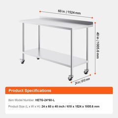 24 x 60 x 40 Inch Stainless Steel Work Table, Commercial Food Prep Worktable with Casters, Heavy Duty Prep Worktable, Metal Work Table with Adjustable Height for Restaurant, Home and Hotel