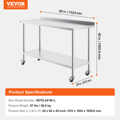 24 x 60 x 40 Inch Stainless Steel Work Table, Commercial Food Prep Worktable with Casters, Heavy Duty Prep Worktable, Metal Work Table with Adjustable Height for Restaurant, Home and Hotel