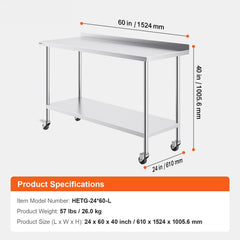 24 x 60 x 40 Inch Stainless Steel Work Table, Commercial Food Prep Worktable with Casters, Heavy Duty Prep Worktable, Metal Work Table with Adjustable Height for Restaurant, Home and Hotel
