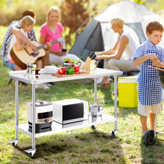 24 x 60 x 40 Inch Stainless Steel Work Table, Commercial Food Prep Worktable with Casters, Heavy Duty Prep Worktable, Metal Work Table with Adjustable Height for Restaurant, Home and Hotel