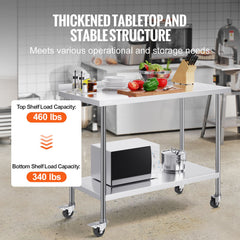 24 x 48 x 40 Inch Stainless Steel Work Table, Commercial Food Prep Worktable with Casters, Heavy Duty Prep Worktable, Metal Work Table with Adjustable Height for Restaurant, Home and Hotel