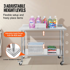 24 x 48 x 40 Inch Stainless Steel Work Table, Commercial Food Prep Worktable with Casters, Heavy Duty Prep Worktable, Metal Work Table with Adjustable Height for Restaurant, Home and Hotel