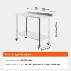 24 x 48 x 40 Inch Stainless Steel Work Table, Commercial Food Prep Worktable with Casters, Heavy Duty Prep Worktable, Metal Work Table with Adjustable Height for Restaurant, Home and Hotel