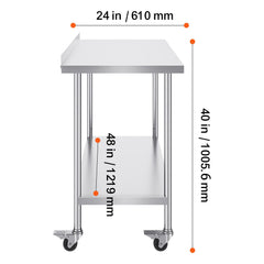 24 x 48 x 40 Inch Stainless Steel Work Table, Commercial Food Prep Worktable with Casters, Heavy Duty Prep Worktable, Metal Work Table with Adjustable Height for Restaurant, Home and Hotel