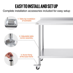 24 x 48 x 40 Inch Stainless Steel Work Table, Commercial Food Prep Worktable with Casters, Heavy Duty Prep Worktable, Metal Work Table with Adjustable Height for Restaurant, Home and Hotel