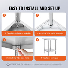 Stainless Steel Prep Table, 24 x 24 x 34 Inch, Heavy Duty Metal Worktable with 3 Adjustable Height Levels, Commercial Workstation for Kitchen Garage Restaurant Backyard